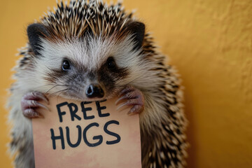 A cute hedgehog holding a sign saying Free Hugs isolated on a yellow background  - obrazy, fototapety, plakaty