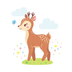 Cute little deer standing on grass and playing with butterfly. Forest baby animal. Funny childish character for greeting card, poster, kid clothing, cover, invitation or print design. Vector
