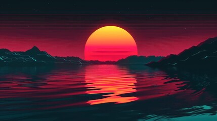 Sun and landscape in a retro background, characterized by vintage colors and minimalist shapes. - obrazy, fototapety, plakaty