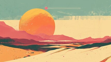 Retro-style background with a sun and landscape, adorned with vintage colors and minimalistic shapes.