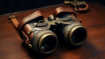 A pair of antique binoculars with leather-wrapped rings, ready for adventure.