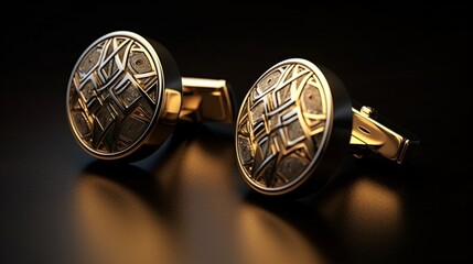 A pair of elegant cufflinks with a unique pattern, shining in the light.