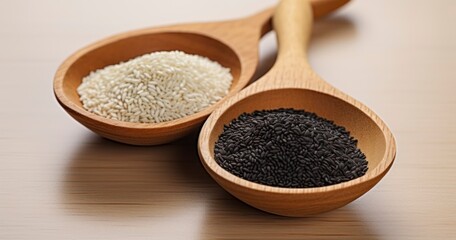 Exquisite White and Black Sesame Seeds Gracefully Adorning Wooden Spoons. Generative AI