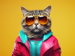 A superstar cat wearing suit and sunglasses, vibrant colors