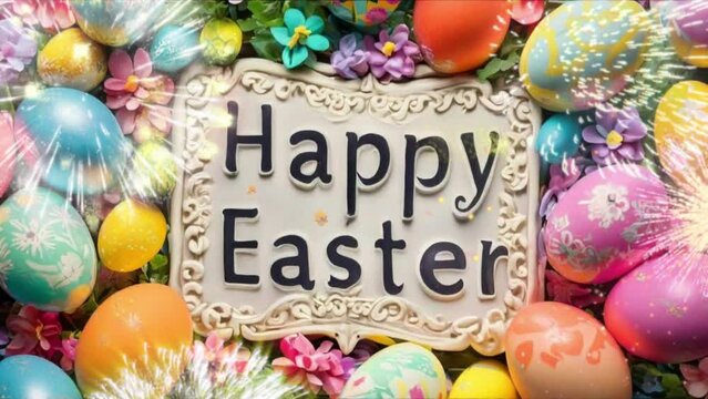Happy Easter Day background with colorful eggs and fireworks