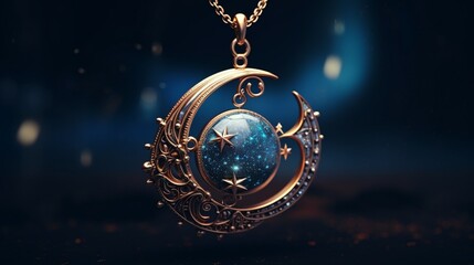 A pendant shaped like a celestial moon, suspended against a background of a starry night sky.