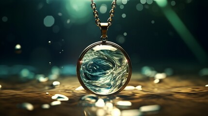 A pendant submerged in crystal-clear water, casting captivating ripples and reflections.