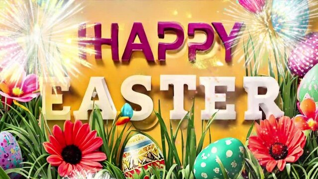 happy easter card with colorful eggs and fireworks