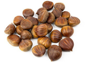 Edible chestnuts isolated on white background. Castanea sativa, the sweet or Spanish chestnut close up.