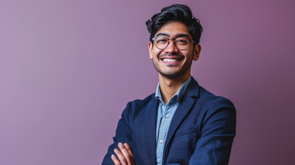 Man is smiling and standing confidently with his arms crossed, set against a plain purple background - obrazy, fototapety, plakaty
