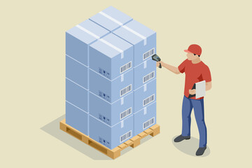 Isometric warehouse worker checking inventory. On-time delivery