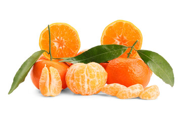 Fresh tangerines with green leaves on white background