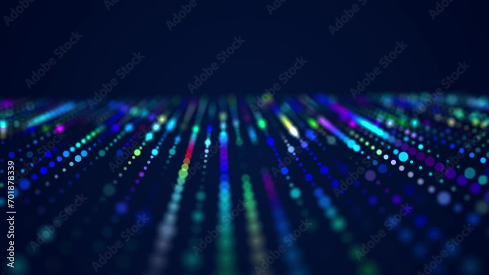 Poster digital background with musical glowing particles. big data visualization. 3d. seamless loop.