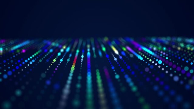 Digital background with musical glowing particles. Big data visualization. 3d. Seamless loop.