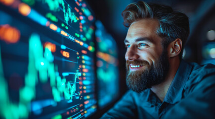 smiling man with a beard looks at multiple computer screens showing colorful financial charts, indicating a positive trend in the stock market - obrazy, fototapety, plakaty