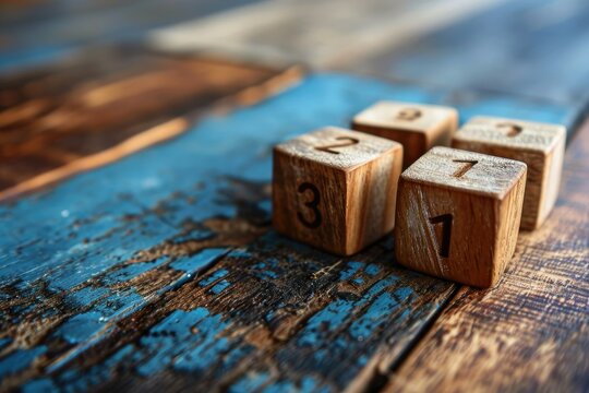 Wooden cubes with numbers on a blue wooden table. Selective focus.