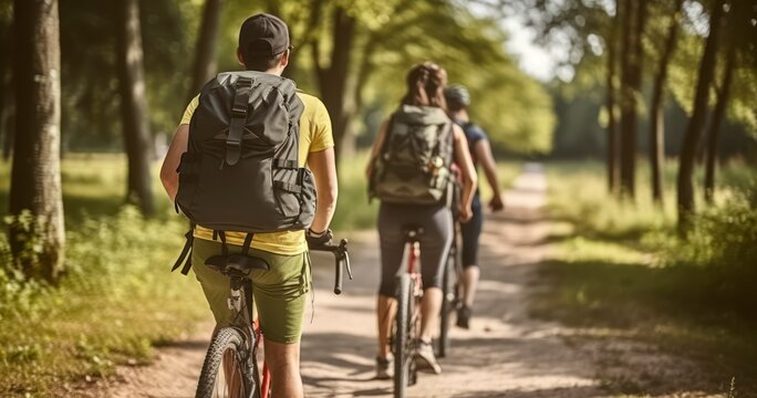 Forest Trails and Friendship - Embark on a Bicycle Adventure with Backpacks Along a Woodland Road