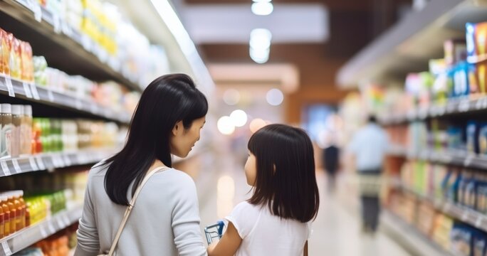 A Beautiful Asian Mother Shares a Shopping Experience with Her Child in a Supermarket. Generative AI