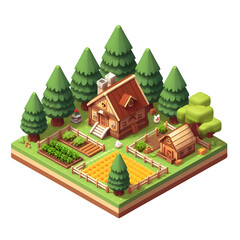 farm house in forest isometric 3d game design Illustration on transparent background PNG