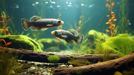 A pair of Killifish in their natural habitat, surrounded by aquatic plants, rocks, and driftwood, creating a serene underwater landscape. - obrazy, fototapety, plakaty