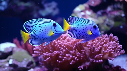 Fototapeta na wymiar A pair of Powder Blue Tangs in a synchronized dance, their tails creating beautiful patterns as they move through the vibrant coral reef.