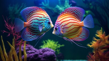 Obraz na płótnie Canvas A pair of vibrant Discus Fish in a