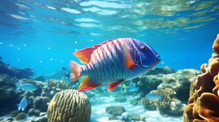 Fototapeta na wymiar A Parrotfish in its natural habitat, surrounded by a variety of marine life, all bathed in the golden light of the sun's rays penetrating the water's surface.