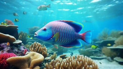 Fototapeta na wymiar A Parrotfish in its serene underwater world, framed by the stunning biodiversity of the coral reef, a testament to the beauty of marine ecosystems.