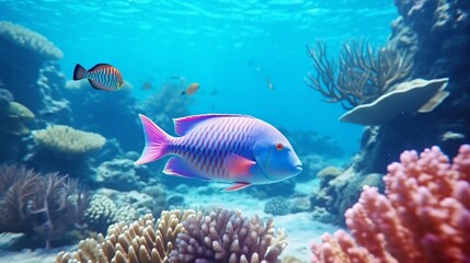 A Parrotfish in its serene underwater world, framed by the stunning biodiversity of the coral reef, a testament to the beauty of marine ecosystems.