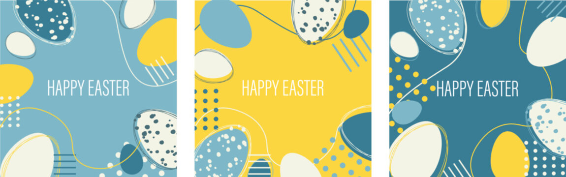 easter card with eggs set . flat minimalistic illustration modern style square postcards, poster, banner, ad. yellow, blue, white