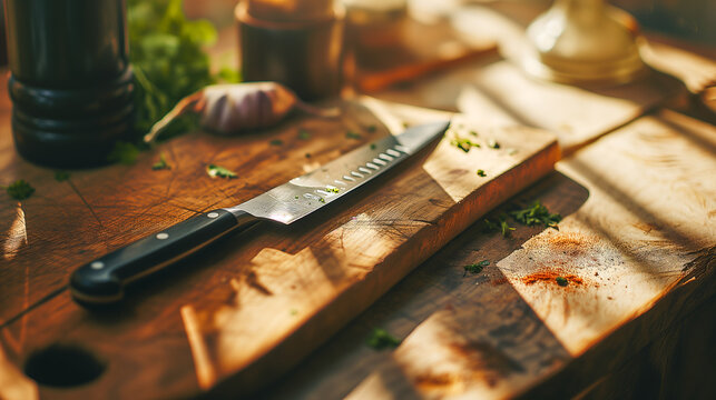 Cutting knife on cutting board after a meal preparation in natural light