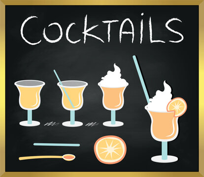 Chalk sketch of cocktails on black background