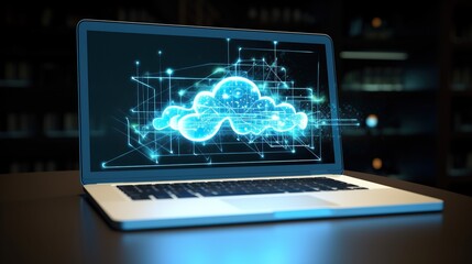 digital technology. hologram, laptop computer, data machine, online privacy security social network server,