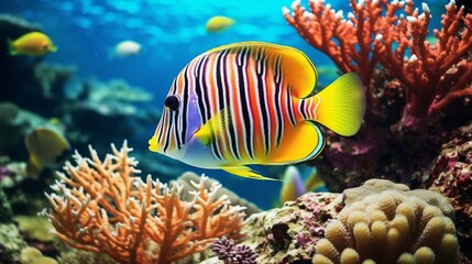 Fototapeta na wymiar A Regal Angelfish (Pygoplites diacanthus) gracefully swimming through a vibrant coral reef in full ultra HD.