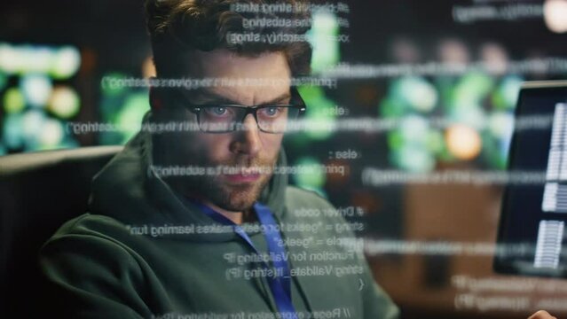 Programer hands typing keyboard working computer pc in data hologram closeup