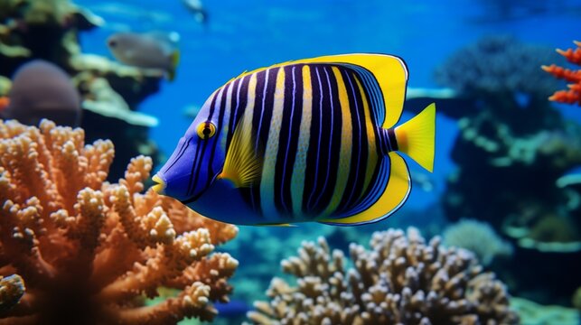 A Regal Angelfish (Pygoplites diacanthus) gracefully swimming through a vibrant coral reef in full ultra HD.