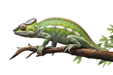 Left side view of a chameleon on top of a thin branch isolated on a clipped PNG transparent background. Chamaeleo melleri 