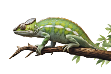 Left side view of a chameleon on top of a thin branch isolated on a clipped PNG transparent background. Chamaeleo melleri 