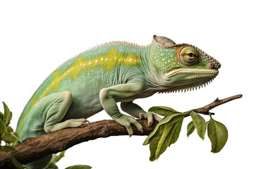 Side view of a chameleon on top of a branch isolated on a cutout PNG transparent background. Chamaeleo melleri 