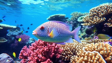Obraz na płótnie Canvas A Royal Gramma (Gramma loreto) swimming in vibrant coral reefs, captured in