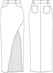 slit maxi long skirt template technical drawing flat sketch cad mockup denim jean fashion woman design style model