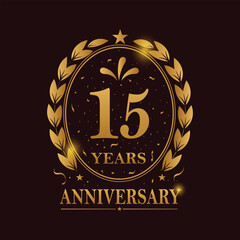 15 Years Anniversary celebration. Golden Color, Vector Template festive illustration. Birthday or wedding party event decoration. - obrazy, fototapety, plakaty