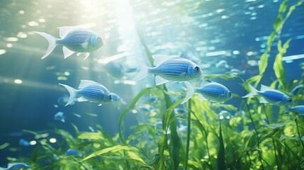 A school of Blue-Eyed Rainbowfish gracefully gliding through a lush aquatic environment, surrounded by aquatic plants.
