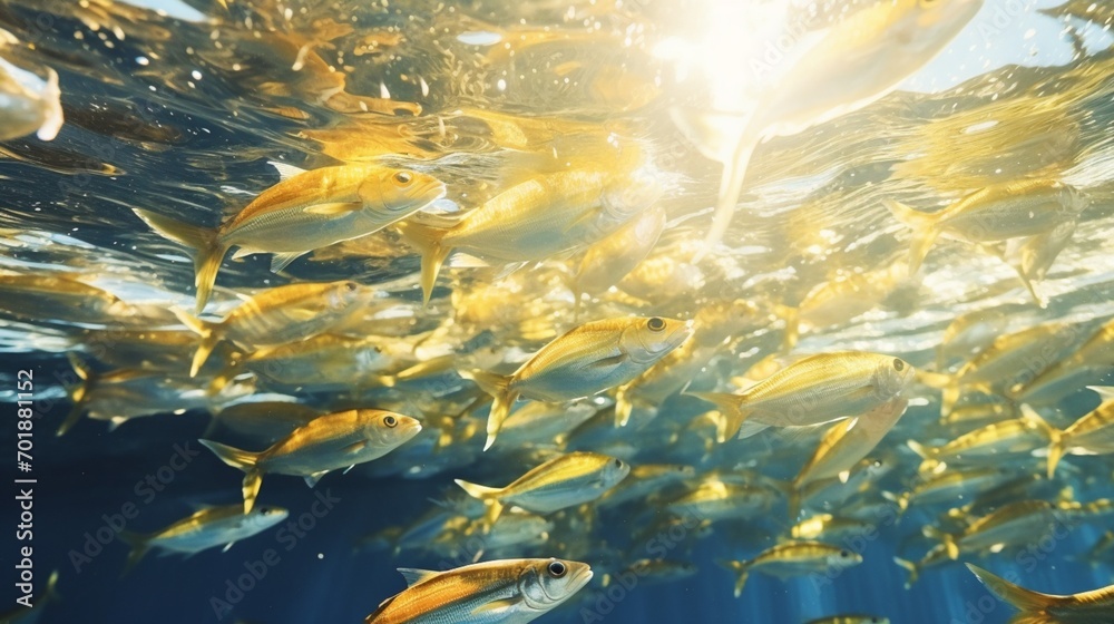 Wall mural A school of Lemon Tetras swimming in crystal-clear water, their vibrant yellow and silver bodies glistening in the sunlight. - Wall murals