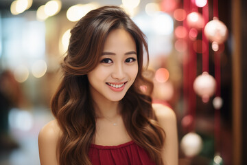 Fototapeta premium Close up portrait of attractive Asian woman, valentine's day, romantic concept