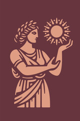 A beautiful antique Greek goddess holds the sun in her hands. Monochrome logo, icon, emblem. Vector illustration