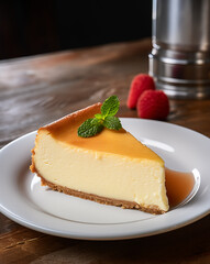 piece of cheesecake with Caramel topping and mint on the plate on wooden table