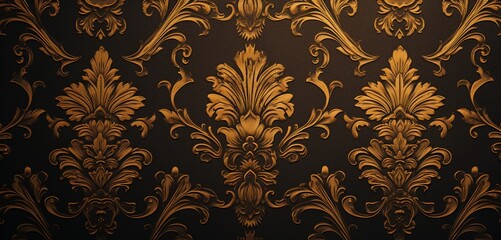 A classic damask pattern in gold and black on a 3D wall texture - obrazy, fototapety, plakaty