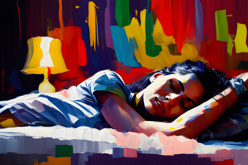 Woman sleeping on the sofa bed peacefully resting after exhausted daily routine lifestyle in a comfy bedroom with a bright lamp Oil Painting Style