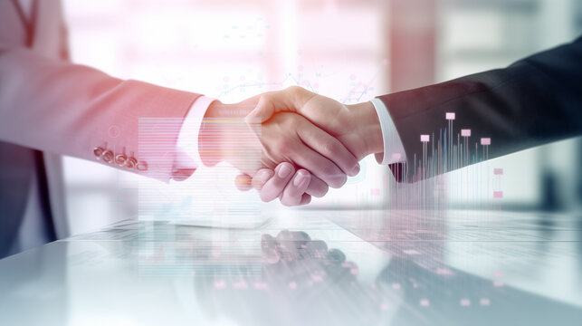 handshake in an office between a woman and a man , double exposure of data and information